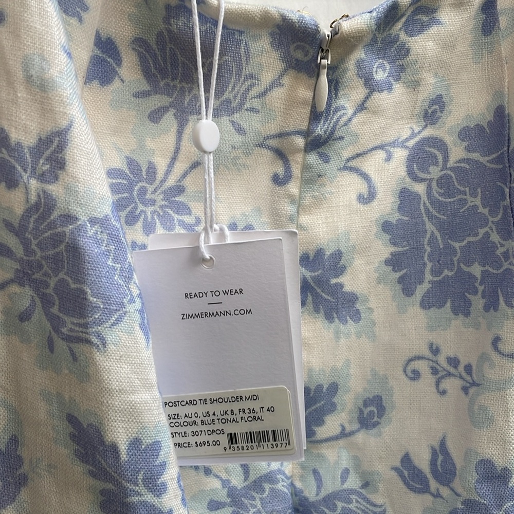 ZIMMERMANN | Postcard Tie Shoulder Midi Dress| Blue Tonal Florall - Picture 9 of 11